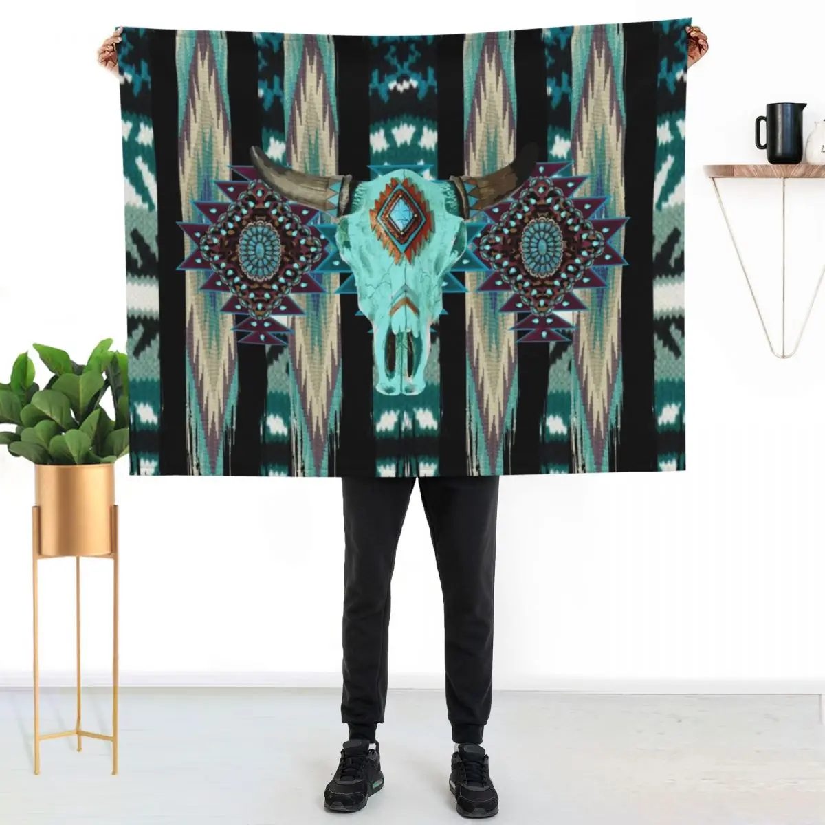 Tribal Design With Cow Scull - Turquois, Blue And Purple Brush Strokes Throw Blanket