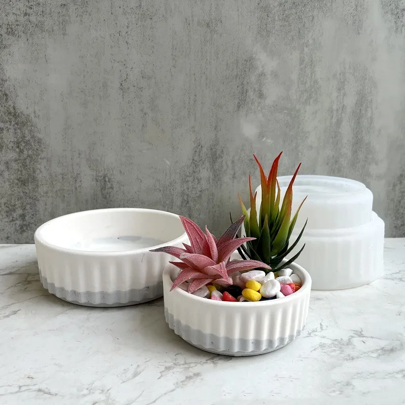 Round Large Stripe Cement Succulent Flowrpot Planter Slicone Mold DIY Plaster Concrete Storage Box Candle Holder Resin Mould