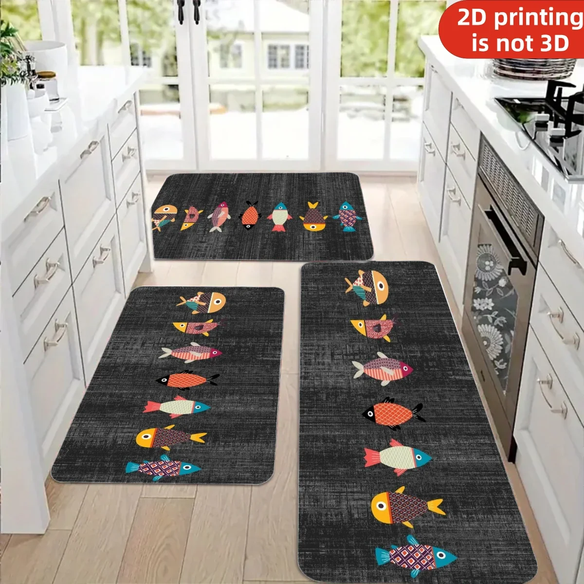 100% Polyester  Cartoon Colorful Vintage Little Fish Playful Style Kitchen Mat, Comfortable, Non-Slip, Soft, and Premium. Suit