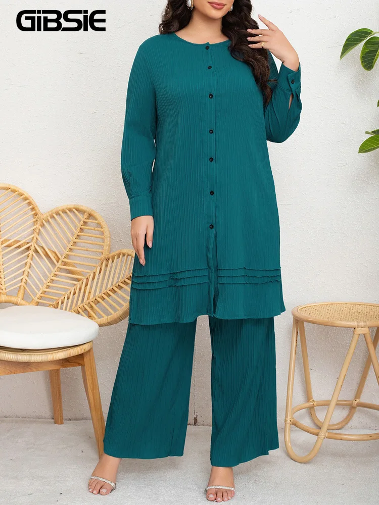 GIBSIE Plus Size Pant Sets Women Solid Button Front O-Neck Casual Long Tops Spring Loose Matching Wide Leg Pants Two Piece Set