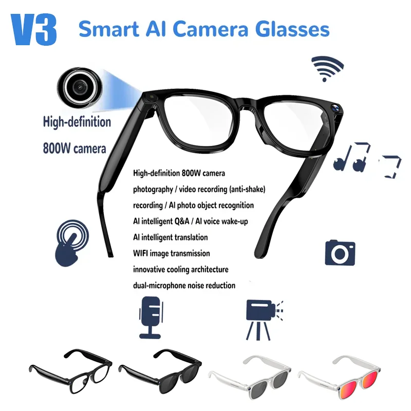 

Умные очки AI 2025 V3 с HD-камерой 8 МП, съемкой с защитой от сотрясений, записью видео HD 1080P, встроенным модулем передачи WIFI