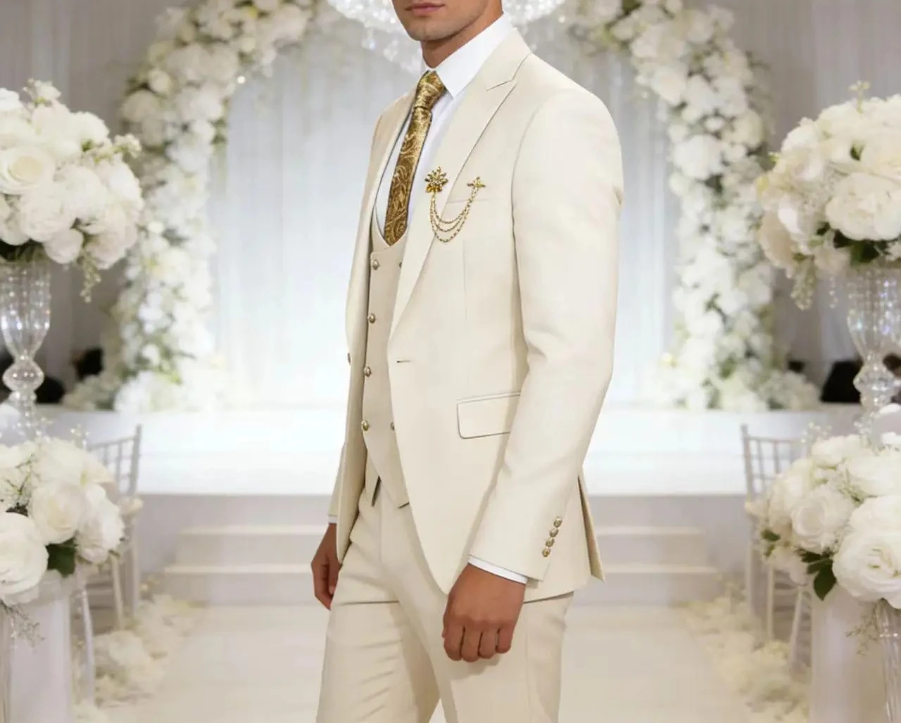 Men's 3-Piece Suit Set Classic One Gold Button Slim Fit Blazer Vest Pants Formal Business Wedding Wear