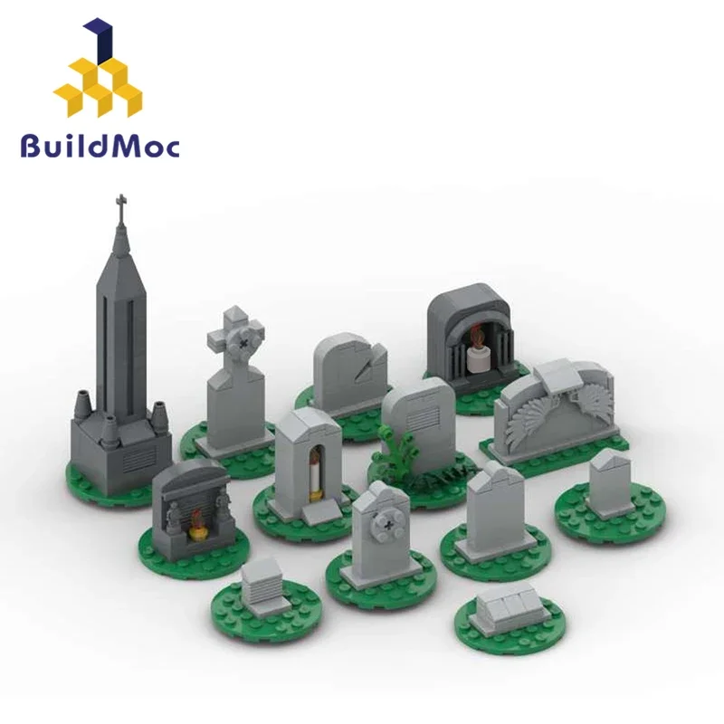 BuildMoc Halloween Tombstones Building Blocks Set Elf Advent Cemetery Gravestone Stone Bricks Toy For Children Kid Birthday Gift