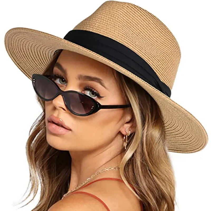 Damen- und Herren-Strohhut mit Breiter Krempe Panama Fedora Sommer Strand Sonnenhut UPF Strohhut für Frauen
