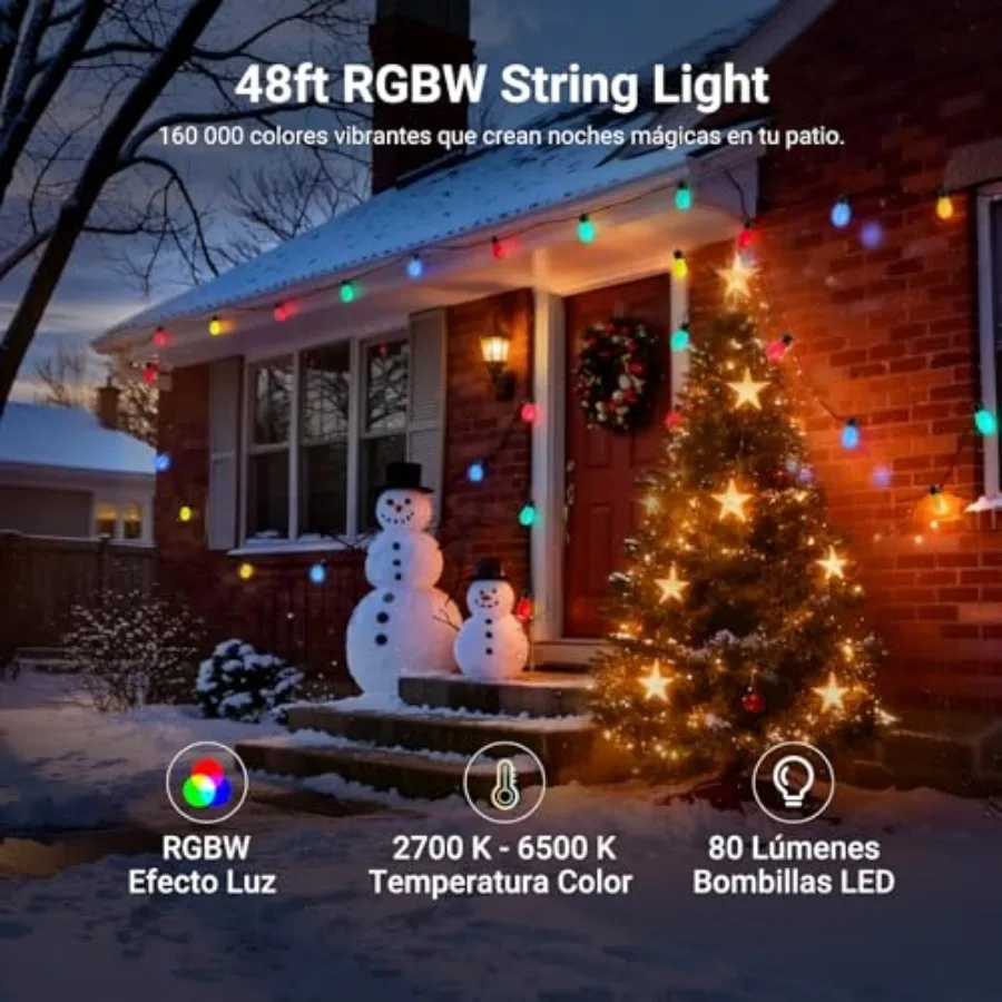 48Feet Outdoor String Lights App Control Smart AI RGBW Hanging Outside Patio Balcony Backyard Holiday Lighting IP65 Waterproof