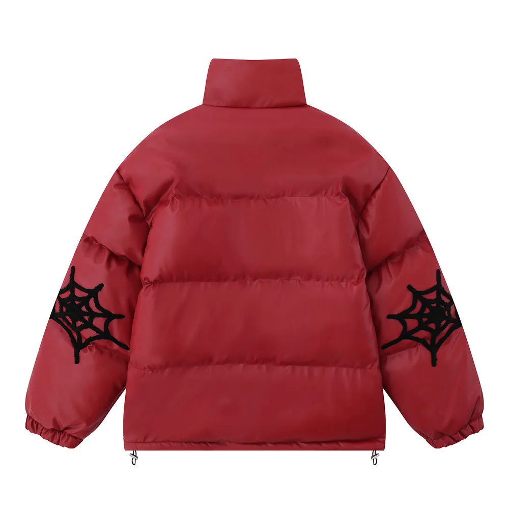 Men Streetwear Parkas Y2K Leather Spider Web Oversize Thick Jacket High Street Stand Collar Loose Coat Winter Couple Streetwear