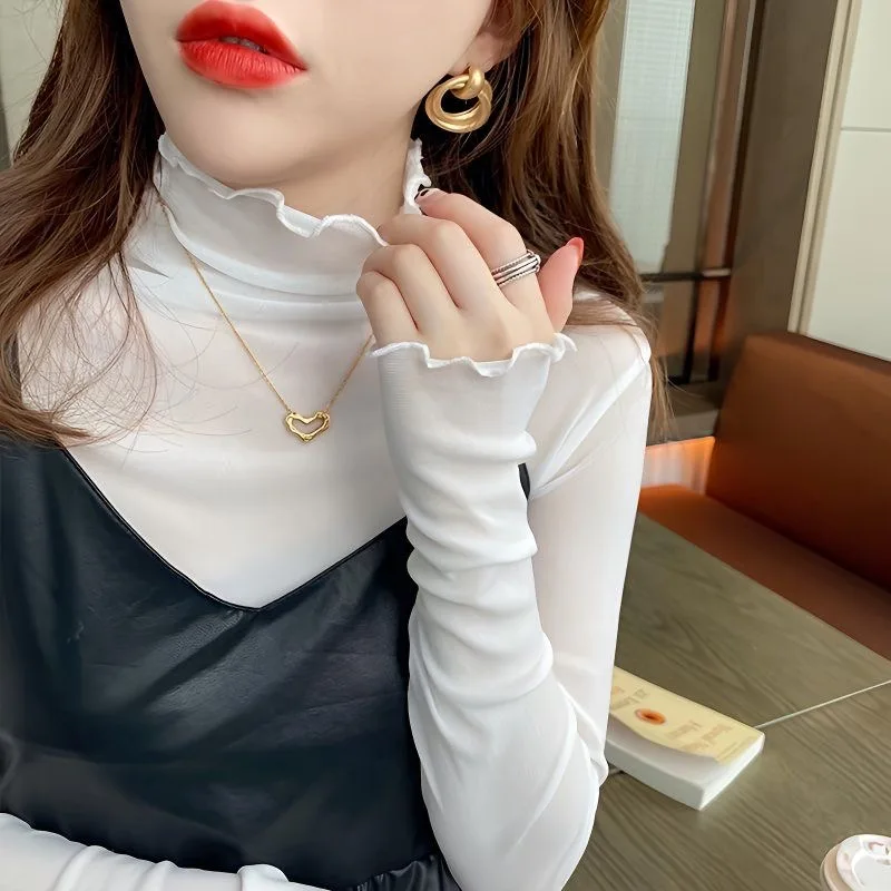 Sexy Women T Shirt See Through Transparent Tops Long Sleeve Ladies T-Shirt Pink Green Basic Top for Female Bottoming Blouses
