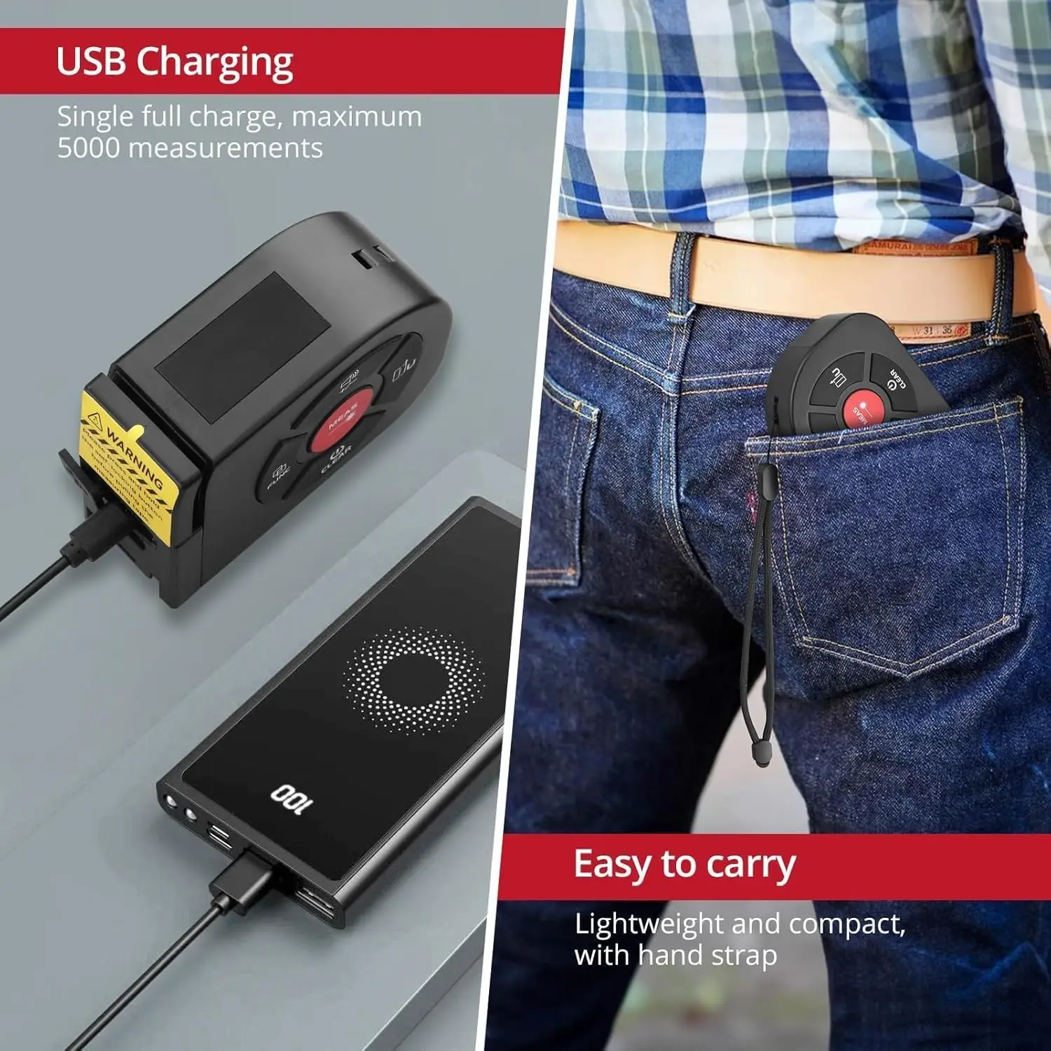 BINTA 2-in-1-Laserbandmaß, 164 Fuß/50 m, Laser-Messwerkzeug, 16,5 Fuß/5 m Maßband mit LCD-Digitalanzeige