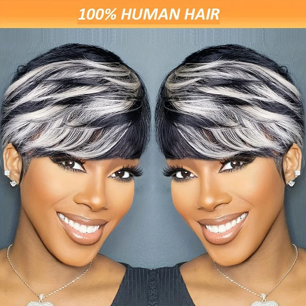 شعر مستعار قصير مستقيم بقص عابث أسود ورمادي بوب مع غرة، شعر مستعار بشري مصنوع آليًا بالكامل للنساء ذوات البشرة السمراء