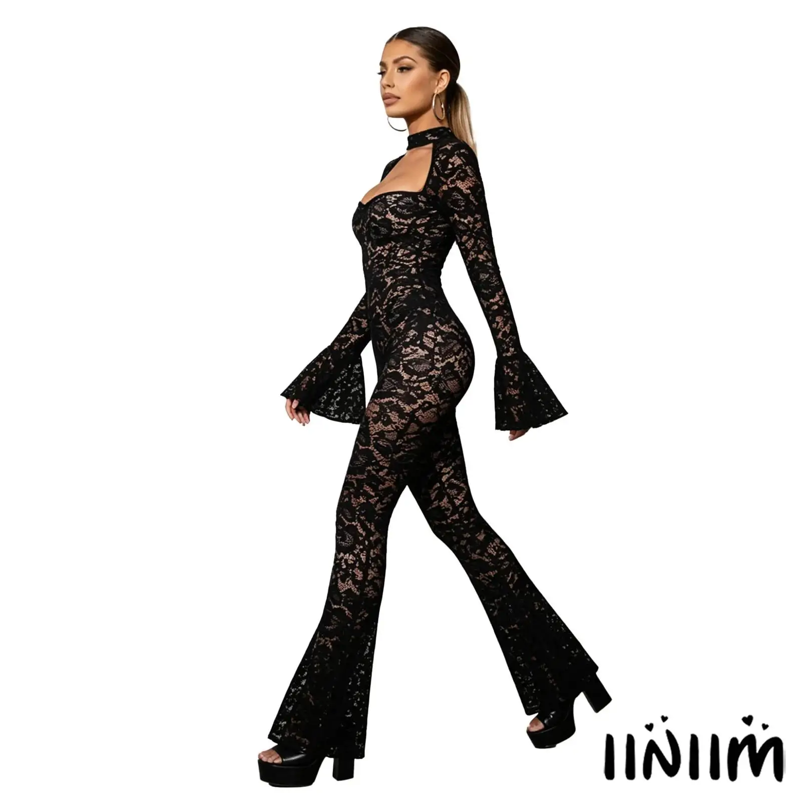 

Womens Club Party Romper See Through Floral Lace Keyhole Cutout Long Sleeve Flared Cuffs Wide Leg Jumpsuit Chic Casual Bodysuit