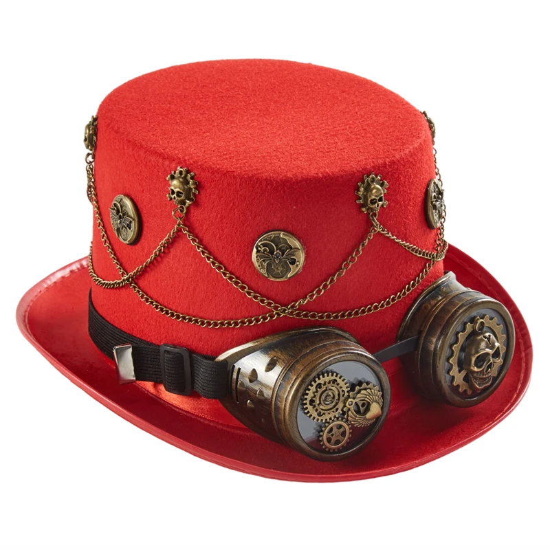 Steampunk Fedora Kapelusz Vintage Retro Zęby Łańcuchy Impreza Cylinder z Goglami Cosplay Halloween Dekoracje Akcesoria do Włosów