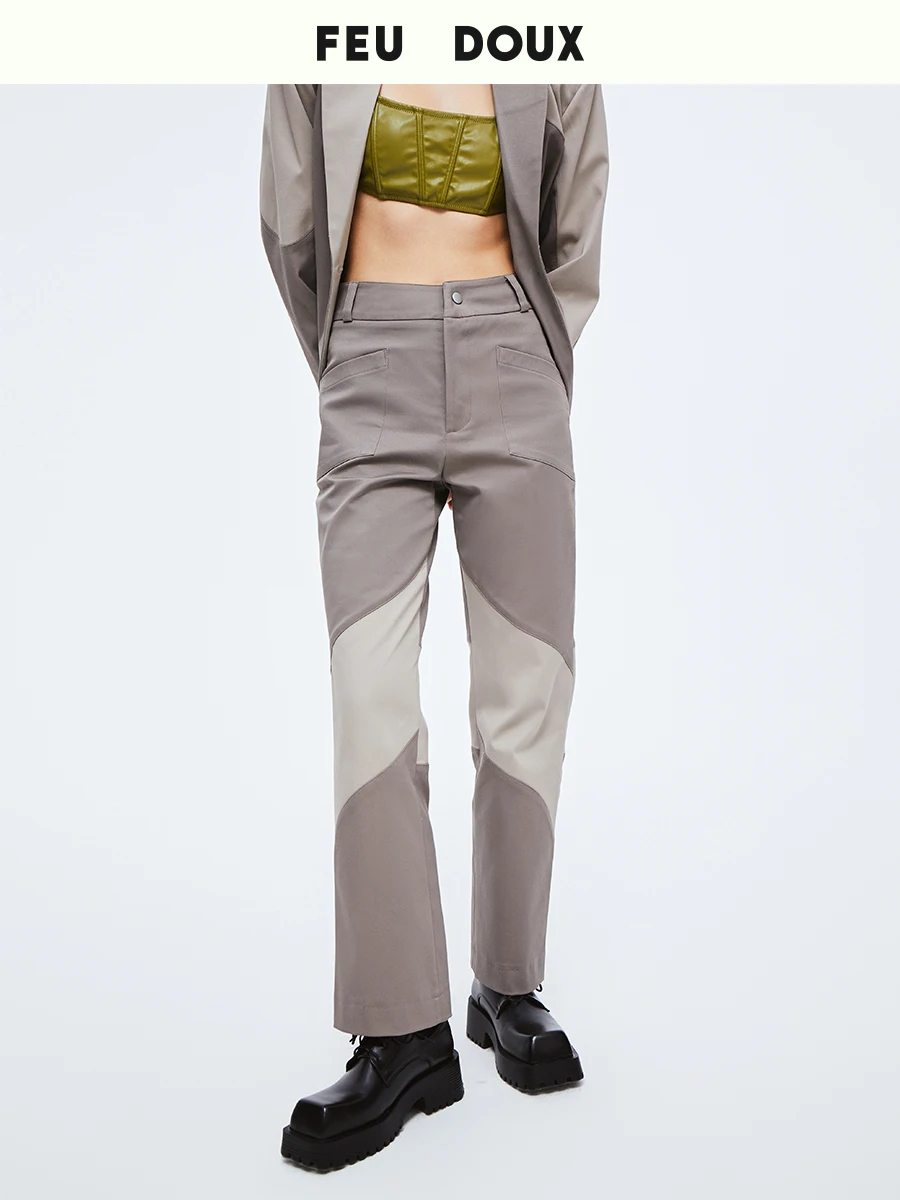 Feu Doux Casual Patchwork Reverse Pattern Cotton Suit Pants mid Waist Straight Leg Long Trousers for Young Women