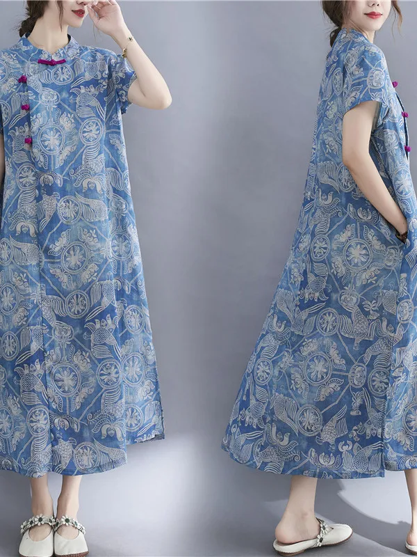 

Модифицированный этнический художественный принт в стиле ретро, большие размеры, свободный крой, миди на пуговицах, женское летнее повседневное платье