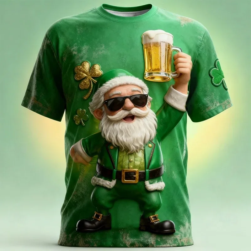 

Summer casual O-neck tops, St. Patrick's Day men's graphic T-shirts, clover beer 3D printed T-shirts, loose