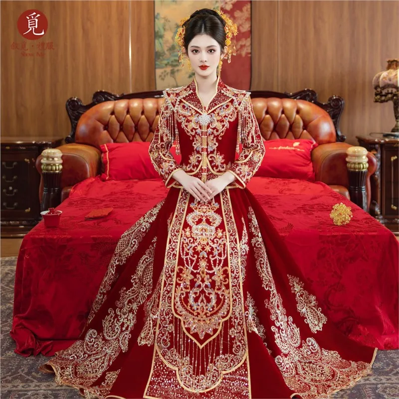 

New wedding dress for brides velvet Chinese-style toasting Chinese style