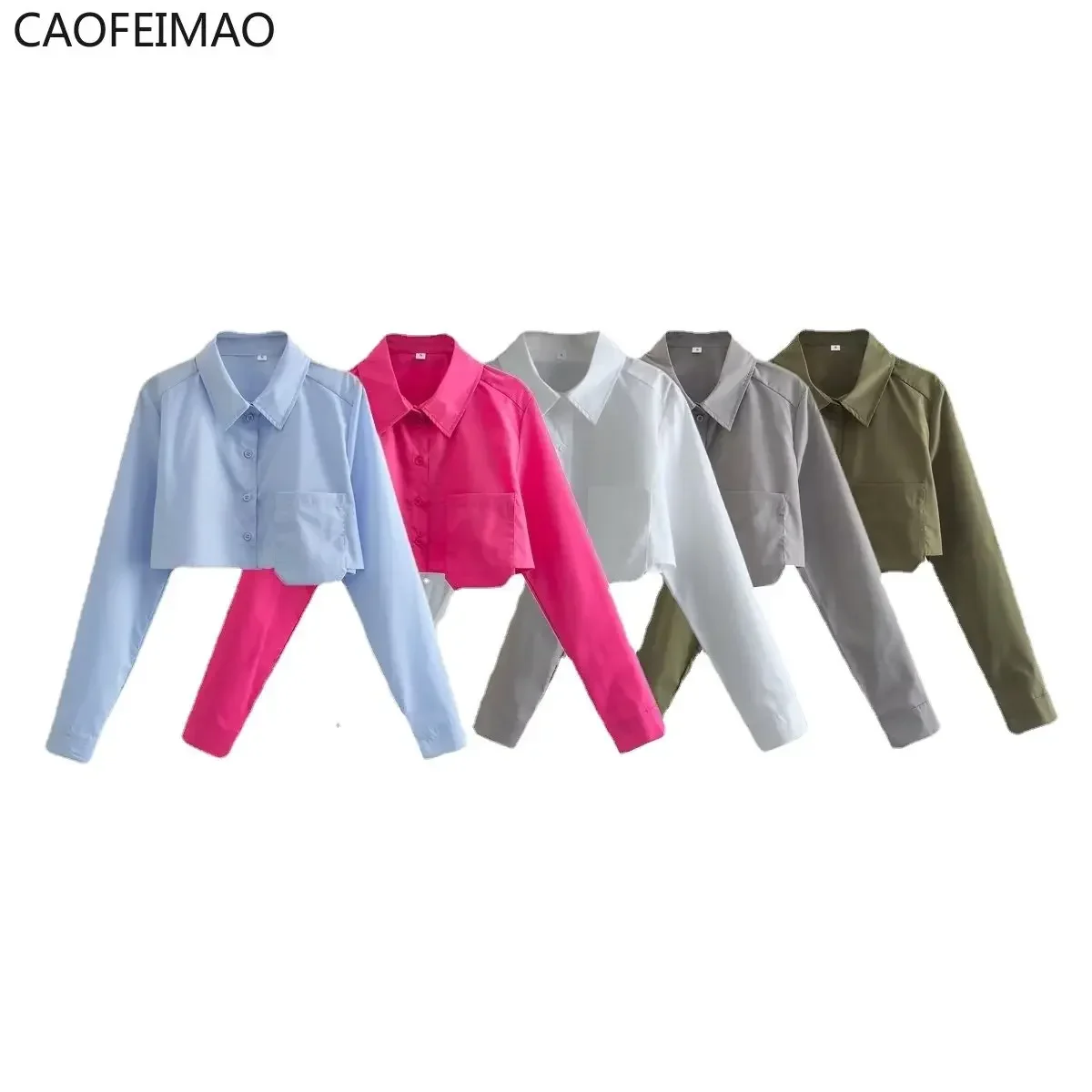 2025 Caofeimao Women Fashion Solid Color Pocket Design Short Smock Blouse Office Lady Shirt Chic Casual Chemise Blusas Tops