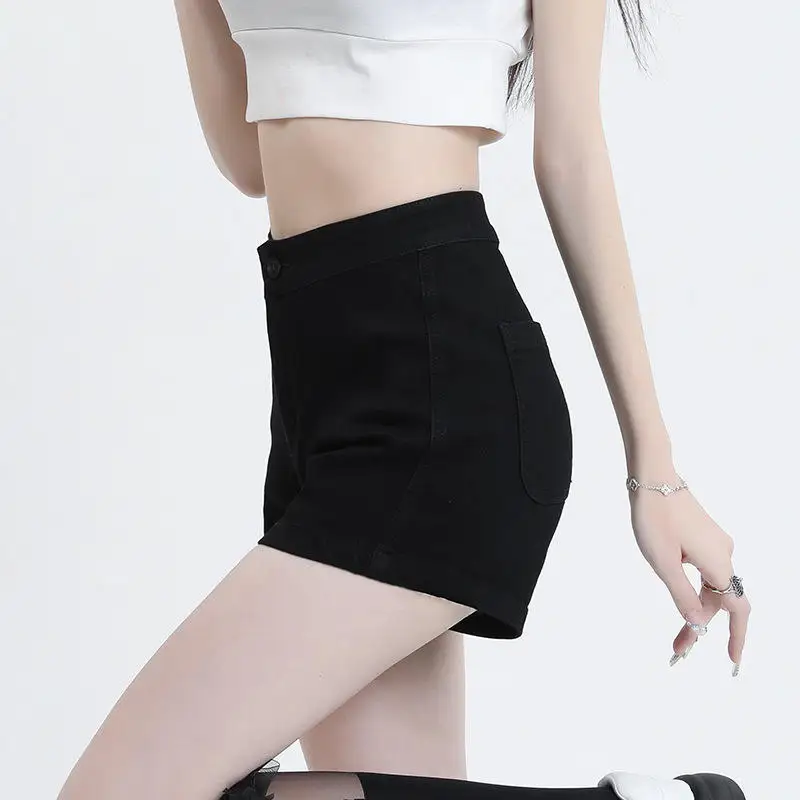 Versatile Sweet And Spicy Black Slim Fit Denim Shorts Women's High Waist Hot Girl Base Layer American Style A-Line Hot Pants