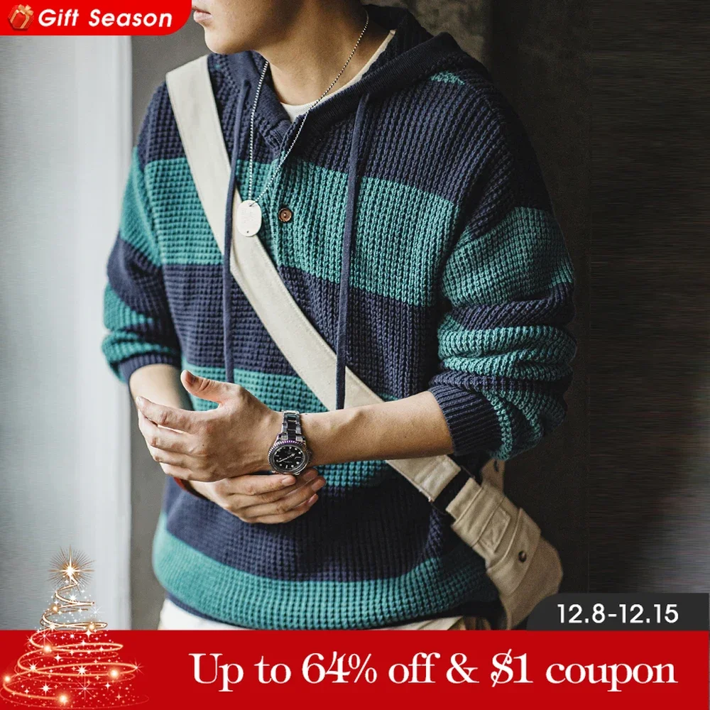 Maden Casual Striped Knit Hoodie for Men\'s Loose Pullover Sweater with Wooden Button Collegiate Style for Fall and Winter Tops