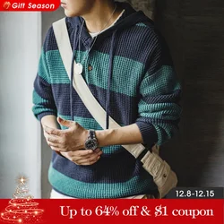 Maden Casual Striped Knit Hoodie for Men's Loose Pullover Sweater with Wooden Button Collegiate Style for Fall and Winter Tops