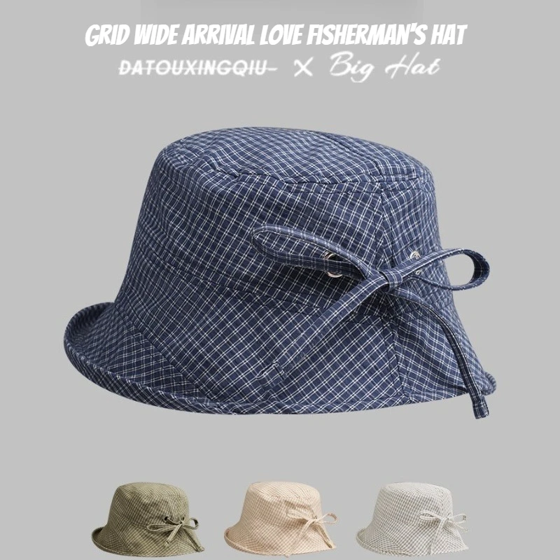 1pc Summer Plaid Bucket Caps for Women,Curled Quick-dry Plaid Foldable Fisherman Cap Outdoor Big Brim Sun Protection Basin Caps