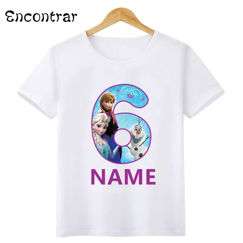 Disney Princess Frozen Elsa Anna Number Bow Print T shirt Kids Clothes 1 2 3 4 5 6 7 8 9 Years Birthday Girls T-Shirts Baby Tops