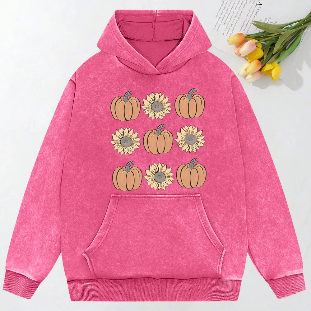 Pumpkin Sunflower Printed Women Washed Hoodie Fashion Multicolor Hoodies Casual Oversize Streetwear All-Match Cotton Hoody Soft