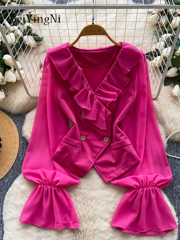 

Beiyingni офисные женские рубашки с пуговицами и оборками, блузки с длинными рукавами и v-образным вырезом, женские однотонные элегантные французские блузки, топы