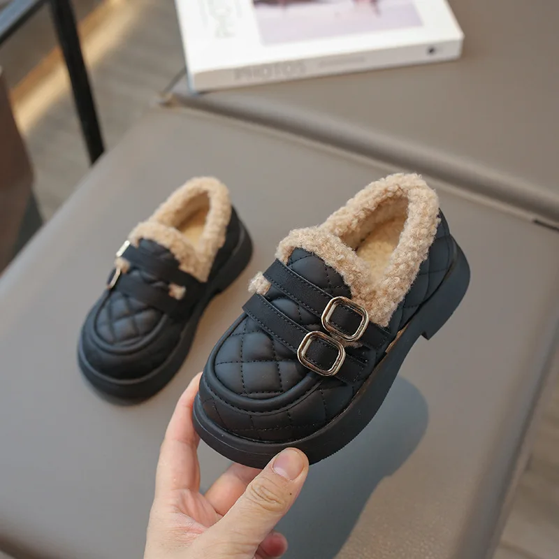 Children's Velvet Cotton Shoes 2024 Winter New Baby Girl Leather Warm Anti-slip Cotton Shoes Thickened Girls' Leather Shoes