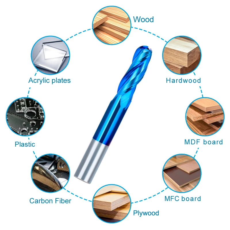 XCAN 1pc 3 Flute Ball Nose End Mill 1/4'' Shank Carbide Square Milling Cutter CNC Router Bit for Wood Cutting Tools Blue coated