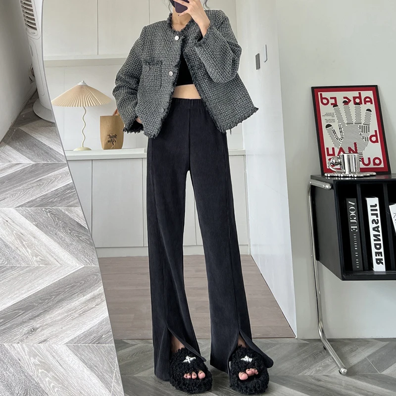 

Усовершенствованные серые брюки из синели и флиса с разрезом, женские брюки с микро-подтяжками, осень/зима 2022, новый вид, утягивающие брюки-тапочки