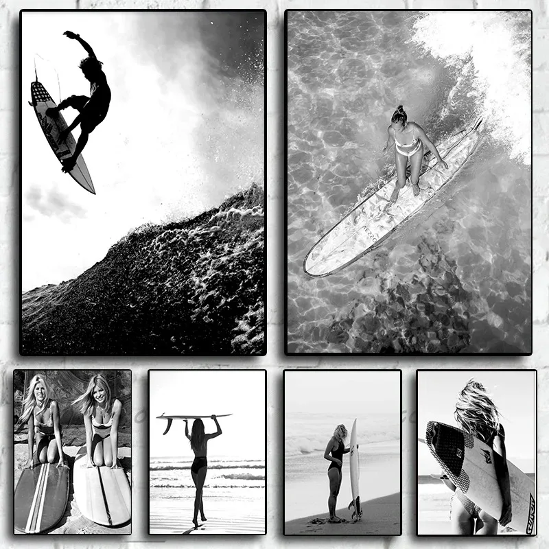 Black White Surfer Vintage Beach Surfboard Hawaii Girl Surfing Poster and Canvas Printing Wall Art Picture for Room Home Decor