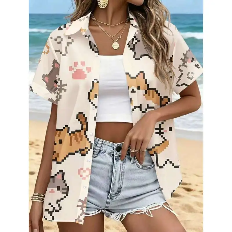Women's Casual Short Sleeve Shirt Pixel Art Cute Kitten All-Over Print Fashion Button-Up Top Machine Washable Blouse