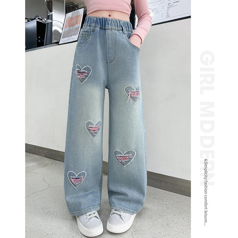 New Spring Autumn Fashion Girls Jeans Pink Heart-shaped Hole Design Wide-leg Denim Pants For 4-12 Years Kids