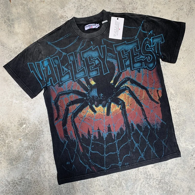 

Spider Web Print Vale Vintage T-Shirts Heavy Fabric Wash Black American Streetwear VALLEY Oversized T Shirt Tops Tees
