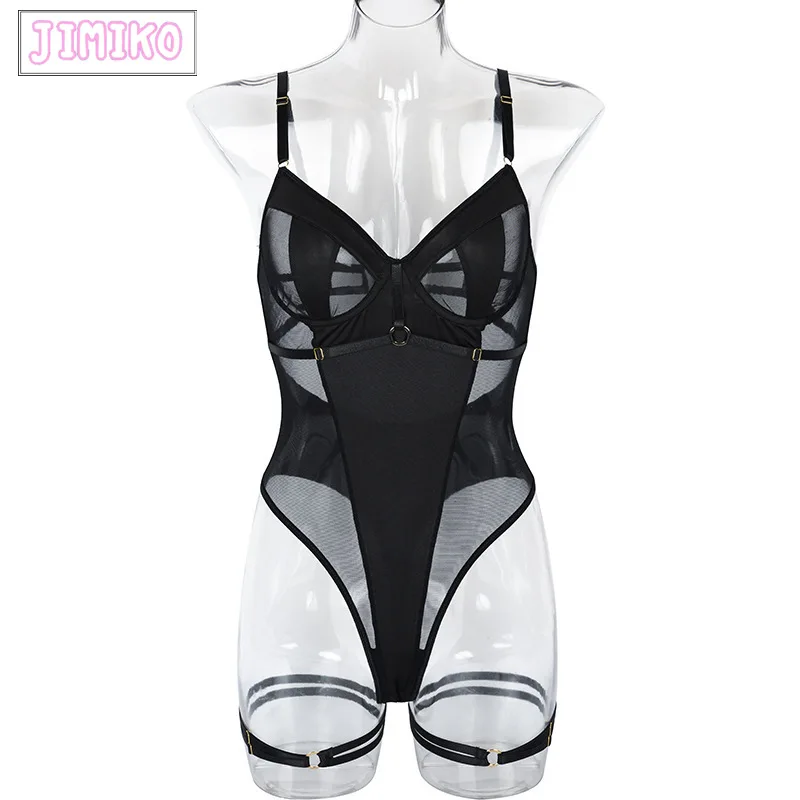 

Women Wet Look Lingerie Leather Sexy Bodysuit Mesh Patchwork Halter Neck High Cut Leotard Bodysuit Clubwear Stitching Jumpsuit