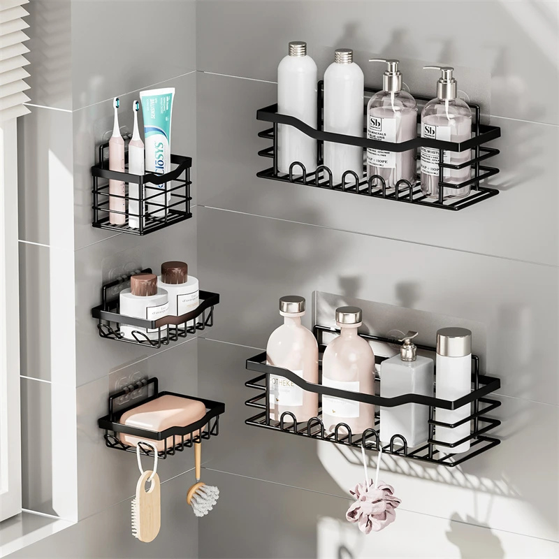 Bathroom Storage Rack Five-Piece Set Toilet Punch-Free Wall Hanging Toiletries Cup Soap Shampoo Black Iron Storage Rack