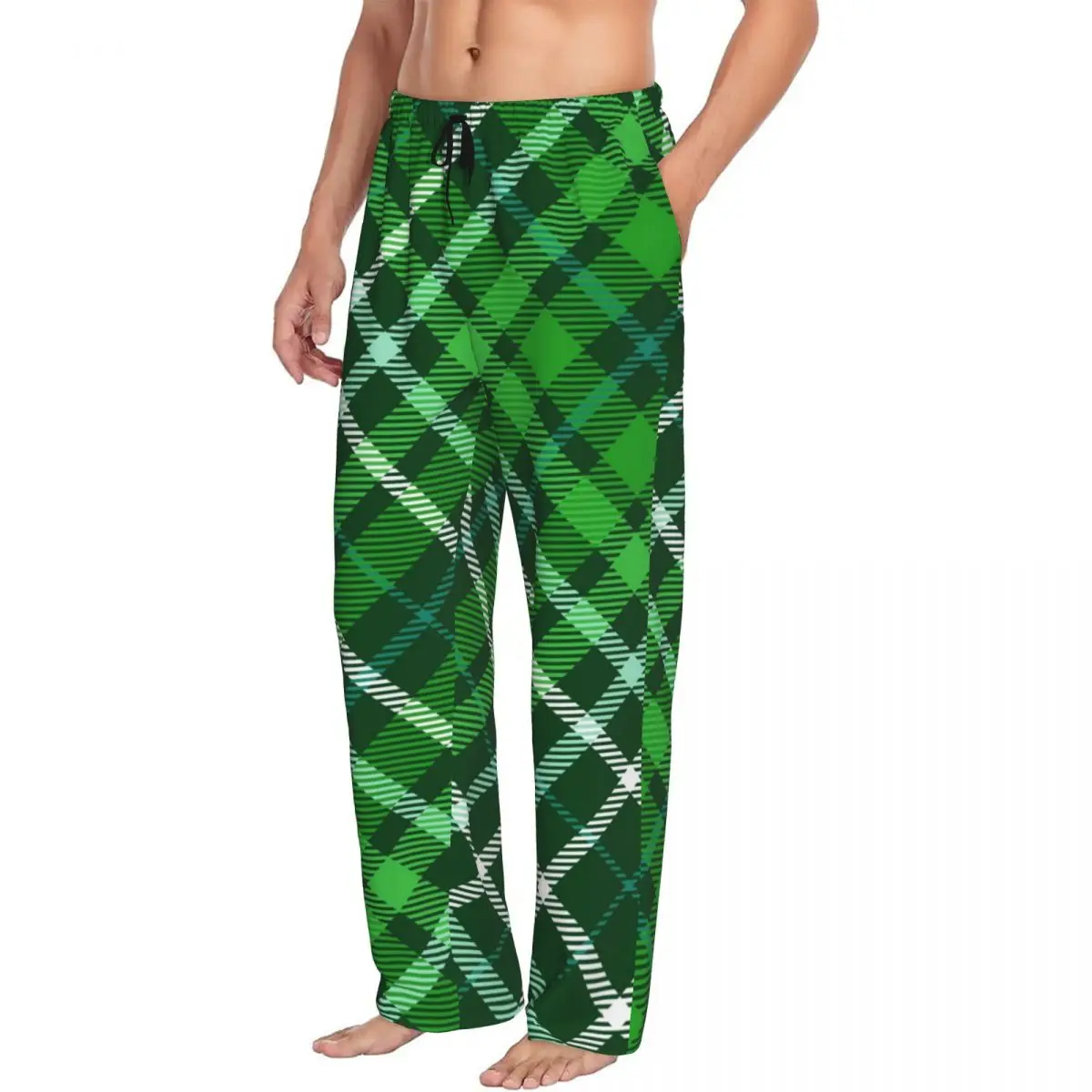 Custom Printed Men's Pajama Pants Dark Green Plaid Check Pattern Sleepwear Sleep Lounge Bottoms with Pockets