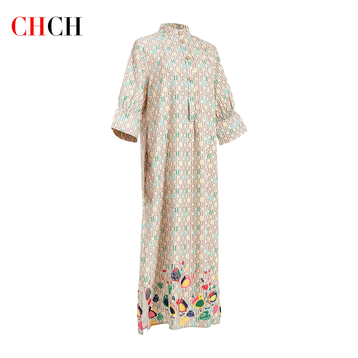 CHCH Women's Dress 2024 New Khaki Long Dress Casual Loose Printed Women's Wear