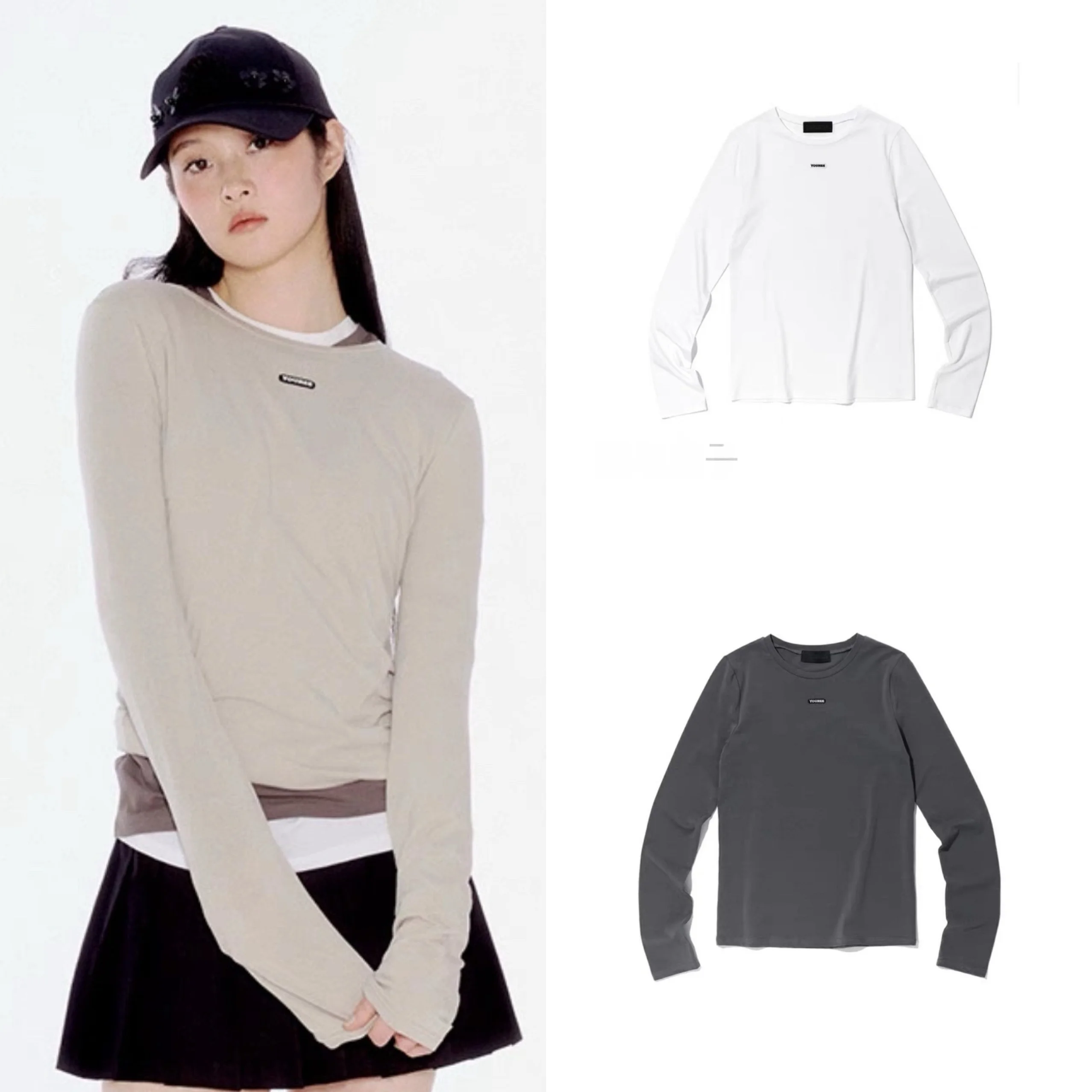 

Youhee Ning Art Long Sve с буквенным логотипом, облегающая круглая футболка Ne, повседневная цветная футболка с базовым слоем, женская футболка из смеси хлопка