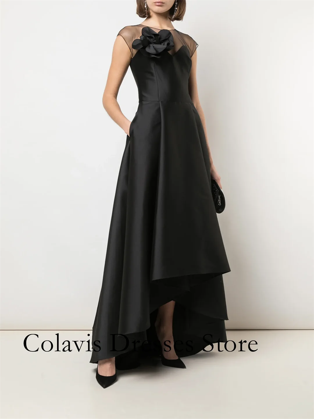 

2025 Customized O-Neck Satin Sleeveless High Low Black Prom Dresses Evening Dress Women Evening Gowns Formal Party Dress