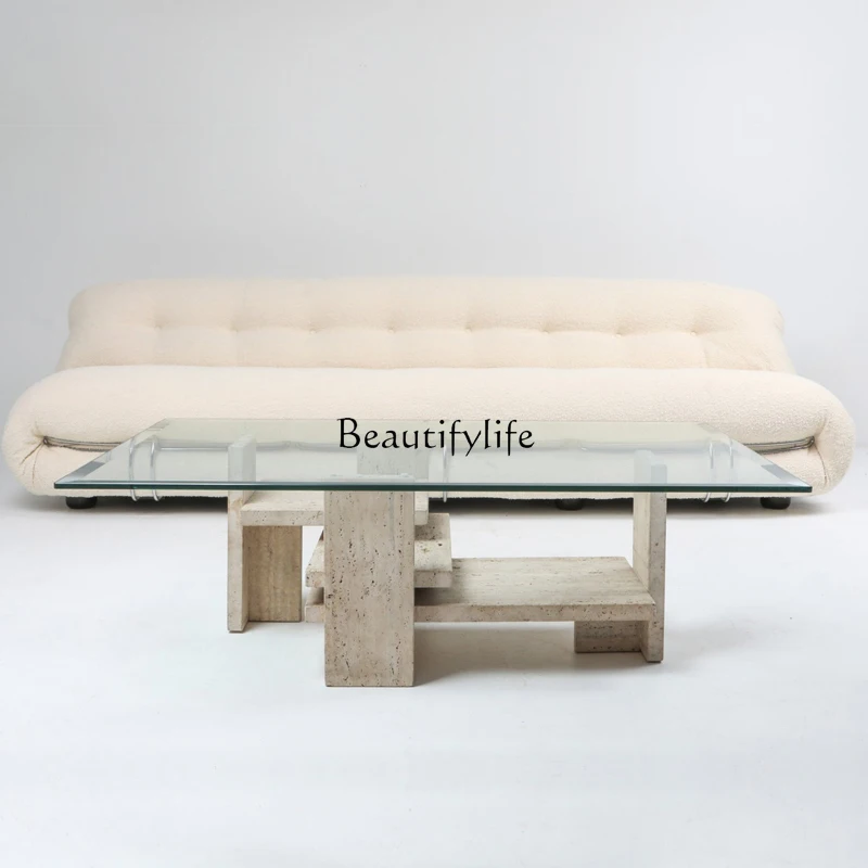 

jj Glass coffee table Nordic simple modern sofa travertine rectangular wabi-sabi wind creativity