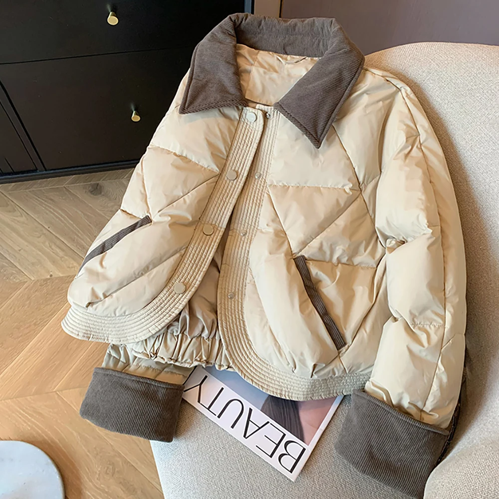 

Women Autumn Winter Cotton Coats Trendy Color Block Patchwork Collar Cotton Padded Jackets Lady Warm Short Parkas Outerwear