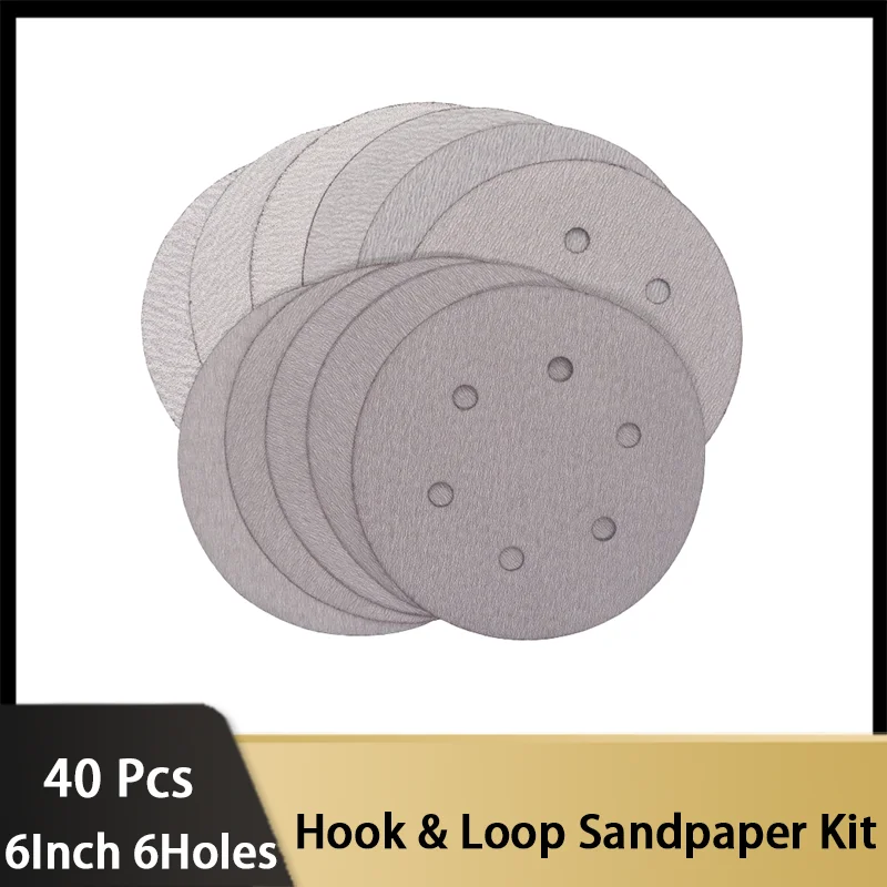 6 Inch 6 Holes Hook and Loop Sanding Paper Kit 40 Pcs 60-400 Grit  for Orbital Sanders Velcro Sanding Pads for Woodworking Metal