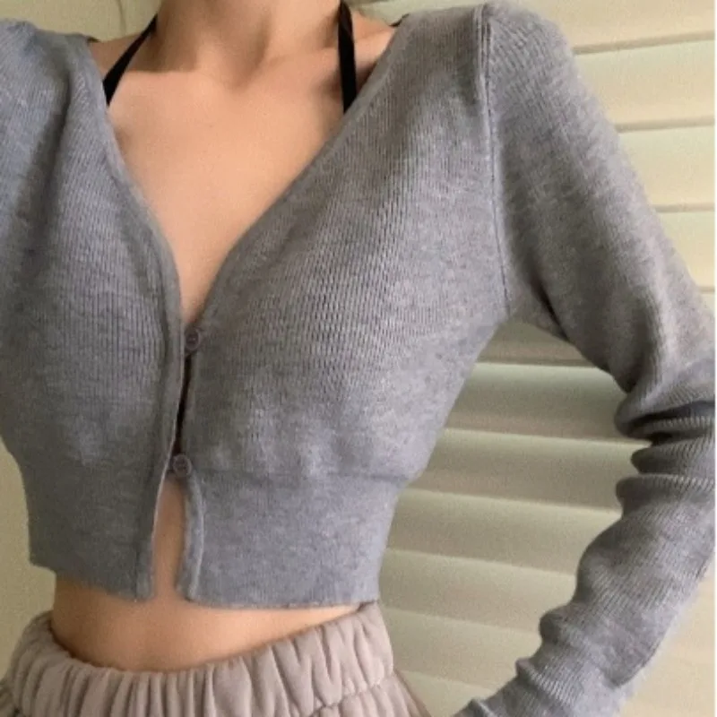 Matakawa V Neck Short Cardigans Solid Spring Autumn Korean Fashion Sexy Women Sweaters Chic Vintage Casual Sueteres Mujer