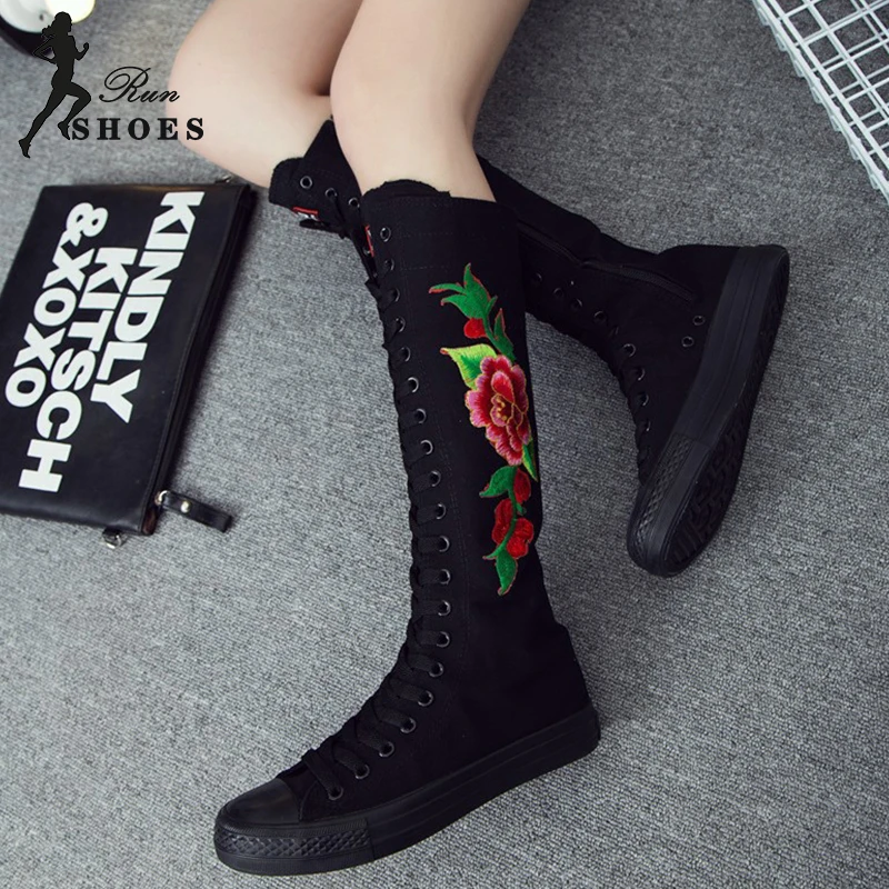 Girl Cheerleaders Dance Shoes Leisure Knee-High Long Equestrian Women Boots Cross-tied Embroider Zip Lace-up Canvas Sports Shoes