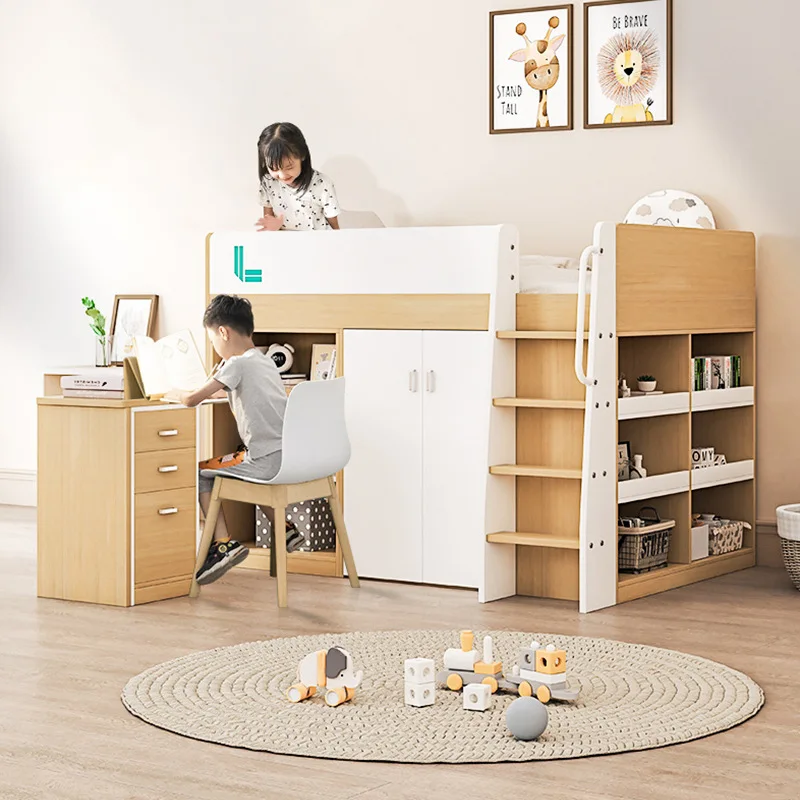 

One bed with wardrobe Small apartment for boys and girls Medium and high bed Storage space saving