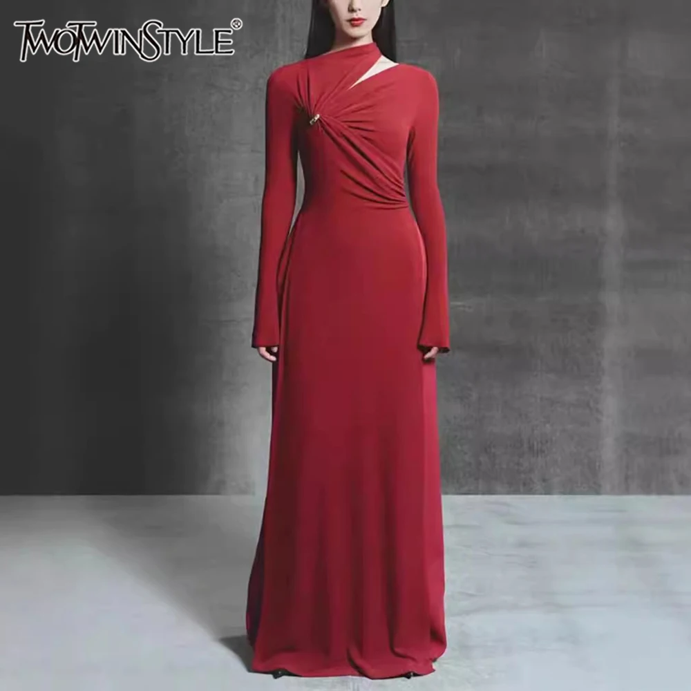 

TWOTWINSTYLE Solid Spliced Folds Elegant Dresses For Women O Neck Long Sleeve High Waist Slimmming Chic Temperament Dress Female