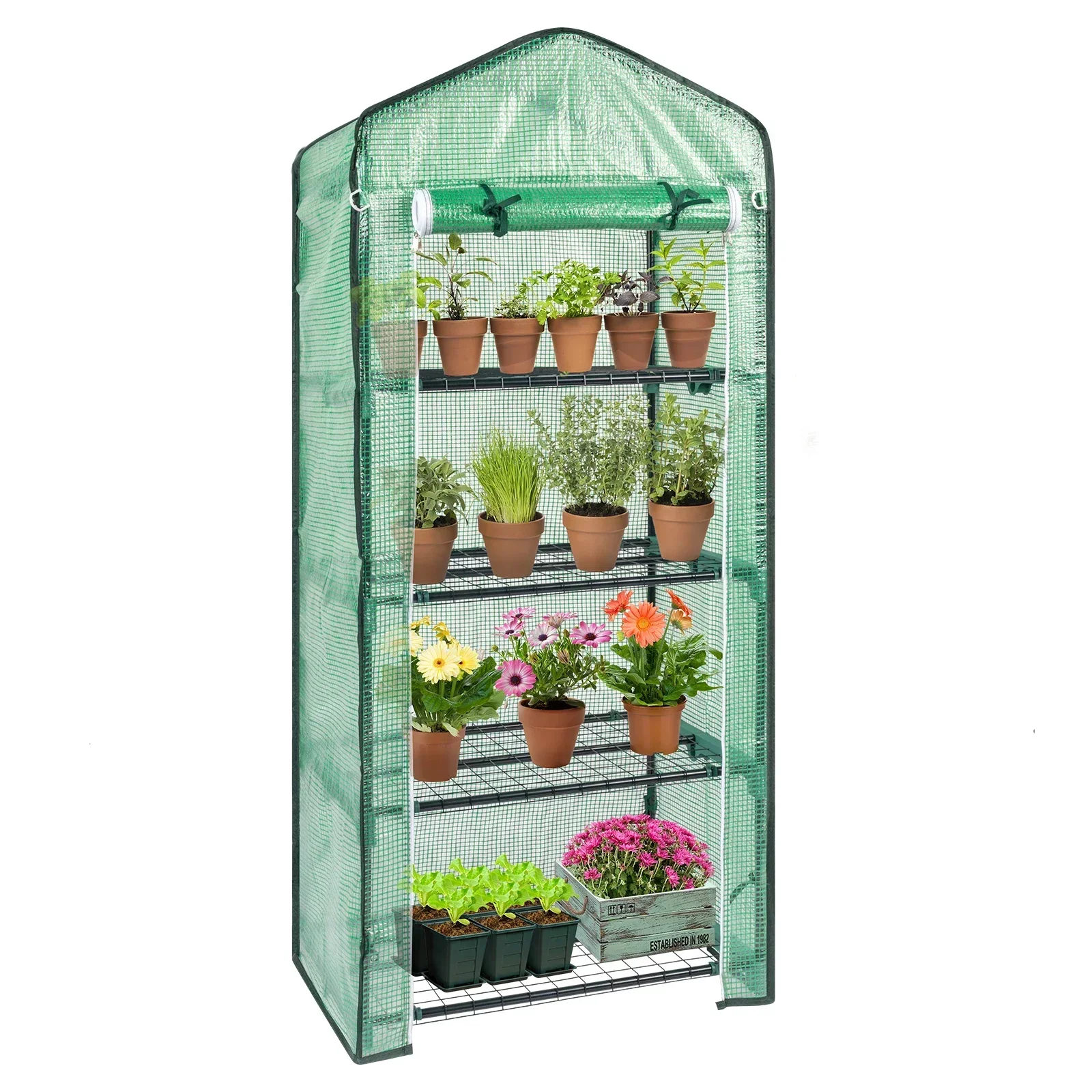 69x49x160cm Black Iron Pipe Pointed Mini Flower Stand With 4 Layers Of Grid, With Zipper Rolling Door, PE Cloth Green House