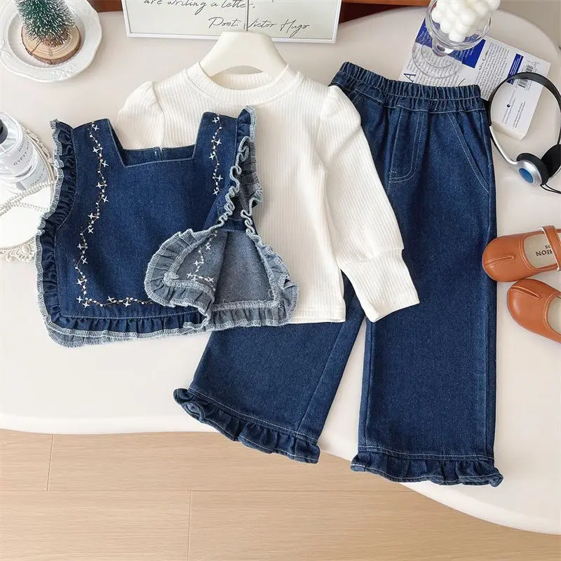 

Girls' Set Autumn 2025 New Style Denim Vest Loose Wide Leg Pants Children's Fashionable Forest Series Three Piece Set