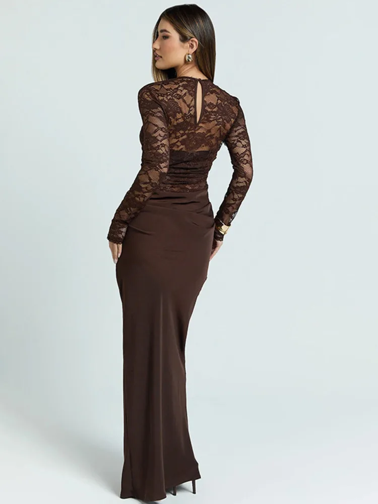 

Women Gown Fashion See Through Long Sleeve High Waist Ruched Club Party Long Dresses Lace Patchwork Sexy Maxi Dress